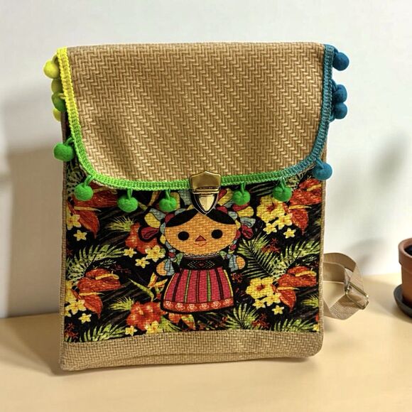Mexican Maria Doll Backpack Straw Woven Bag Side Snaps Adjustable Straps - Picture 1 of 13